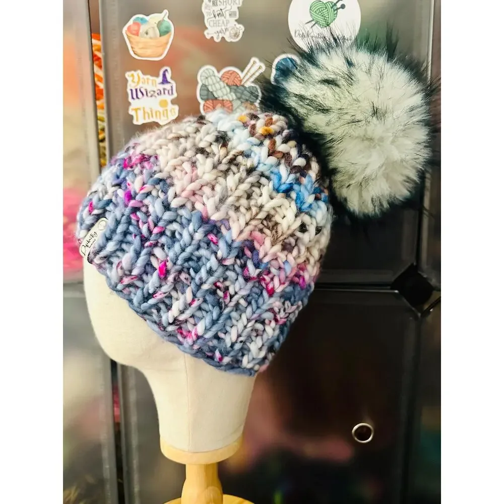 Hand Knit Scrappy Merino Wool Beanie: DefiKnitly Tasteful Knit Hat with Faux Fur